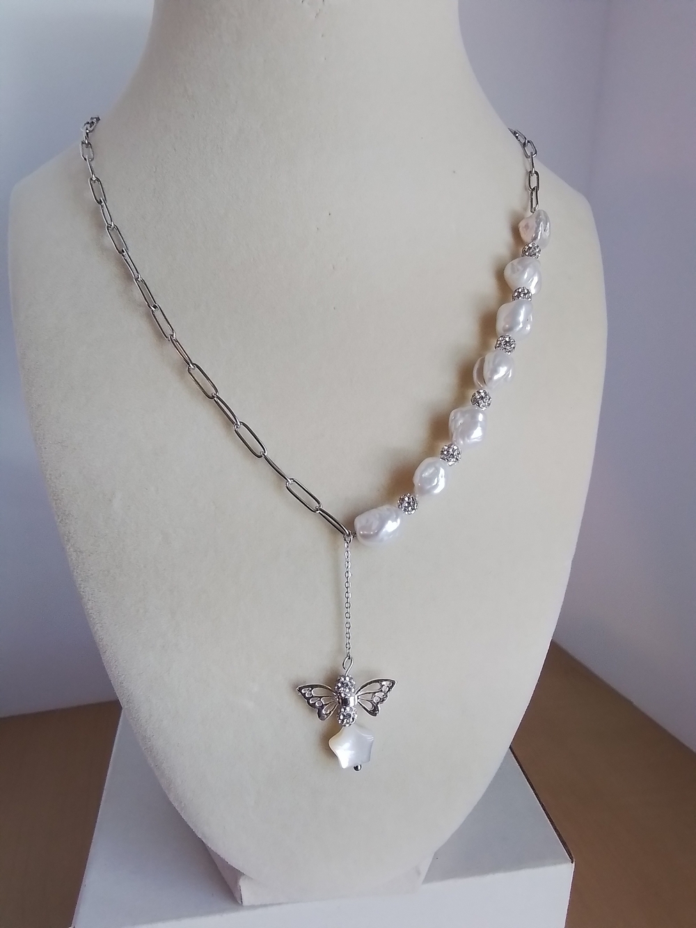 Pearl White Baroque Pearl Necklace with Silver Butterfly Pendant - Pearl